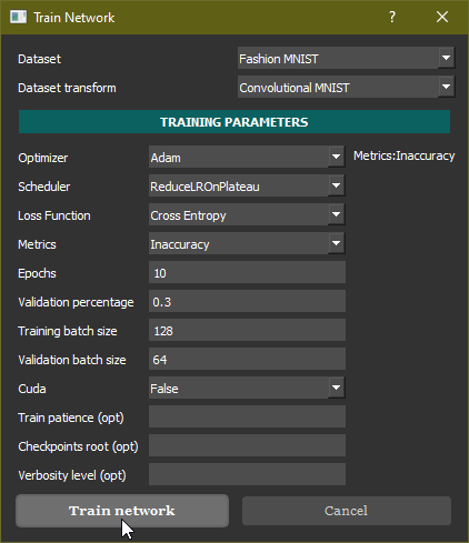 Training parameters of the network